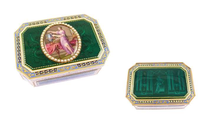 19th century Russian rectangular cut corner enamelled gold box with miniature depicting Flora, Goddess of Flowers